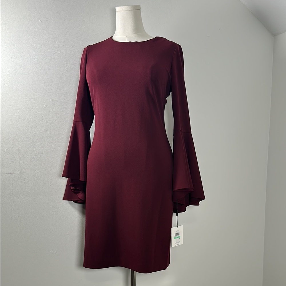 Calvin Klein Burgundy Sheath Dress with Bell Sleeves